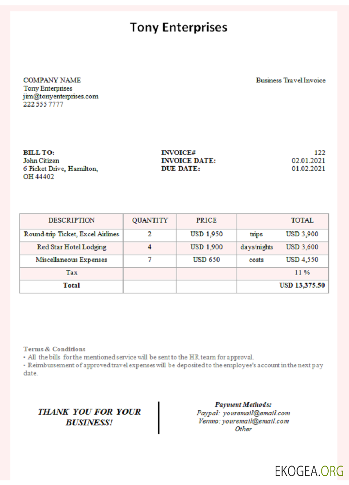 Facture de Tony Enterprises aux États , Unis